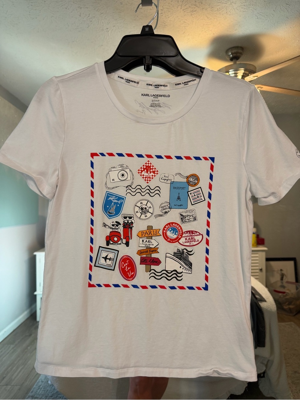 Karl Lagerfeld White Short Sleeve Tee with Red & Blue Travel Patch Graphic